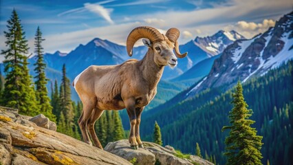 Obraz premium Majestic bighorn sheep with curved horns and thick coat traverses rugged mountain terrain, surrounded by alpine trees and rocky outcroppings under clear blue sky.