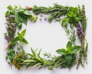 Fresh herbs rosemary, mint, lavender, marjoram, sage, lemon balm, and thyme artfully arranged in a creative frame on a white background, evoking healthy eating and alternative medicine concepts.