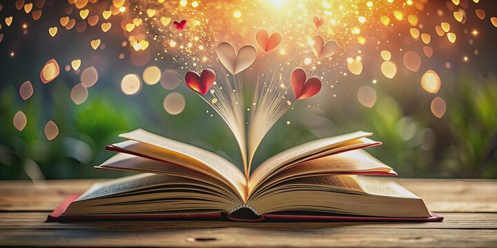 A whimsical open book transforms into a fountain of love, as pages morph intoFlying hearts, symbolizing the power of knowledge and love being shared universally.