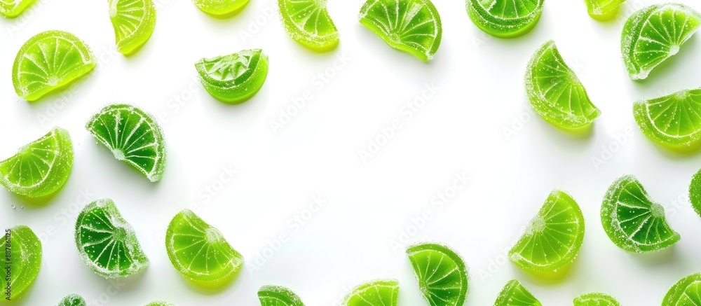 Poster Top down view of various green gummy candies arranged within a frame isolated on a white background with ample space for text or design