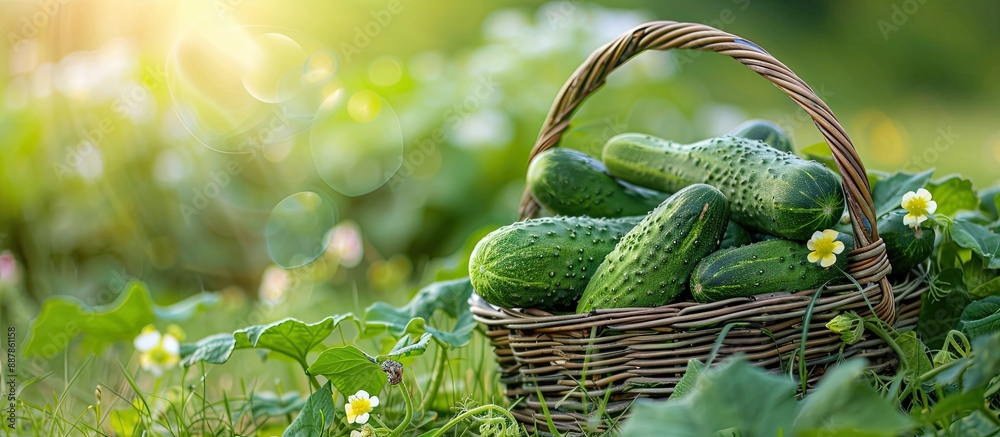 Poster Cucumbers placed in a basket on a garden lawn with copy space image
