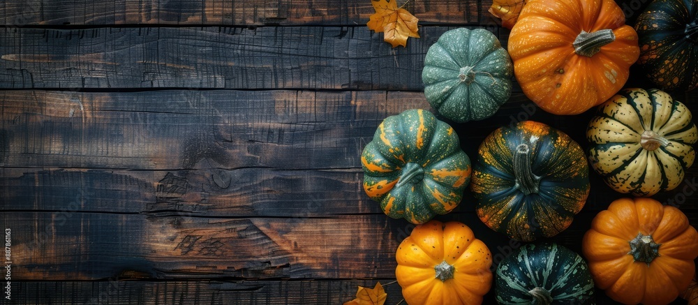 Fototapete Top view of a rustic wooden table adorned with different decorative pumpkins creating an autumnal composition perfect for Halloween or Thanksgiving decoration with copy space image