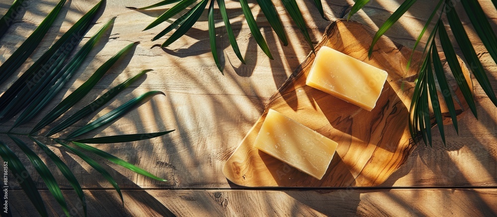 Poster Handmade soap bars on a rustic wooden surface with soft shadows cast by palm leaves creating a serene setting for featuring spa products with ample copy space image
