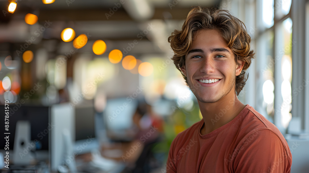 Wall mural young 28 year old man standing smiling in his new start up with its own office. concept: business