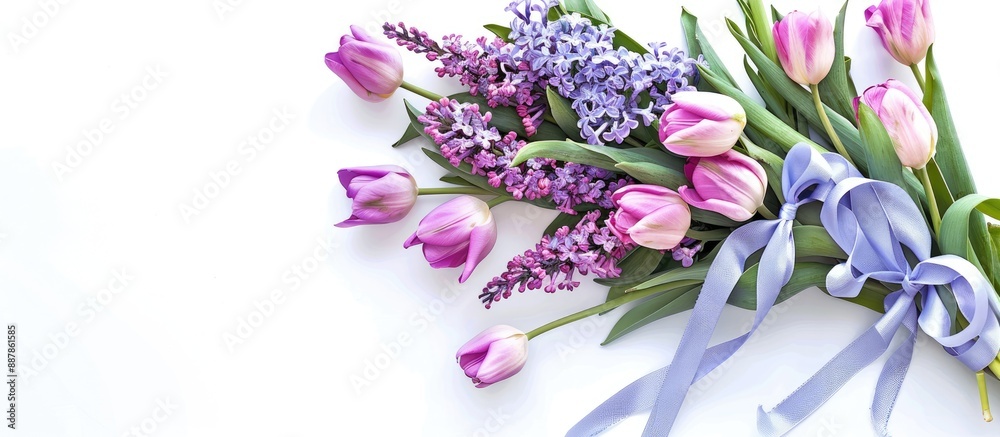 Poster a bouquet of tulips and lilac flowers with a ribbon and cyan blue label isolated on a white backgrou