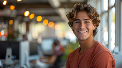 Young 28 year old man standing smiling in his new start up with its own office. concept: business
