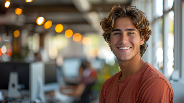 Young 28 year old man standing smiling in his new start up with its own office. concept: business
