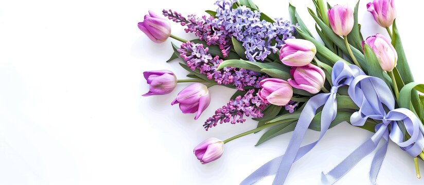 A bouquet of tulips and lilac flowers with a ribbon and cyan blue label isolated on a white background from a top view Ideal for a delivery gift concept with available copy space image