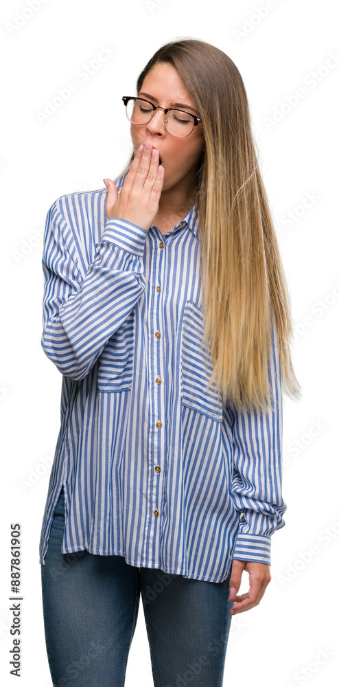 Poster beautiful young woman wearing elegant shirt and glasses bored yawning tired covering mouth with hand