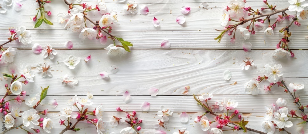 Poster A top down view of sakura tree sprigs with flowers and petals on a white wooden backdrop suggesting spring with available copy space image
