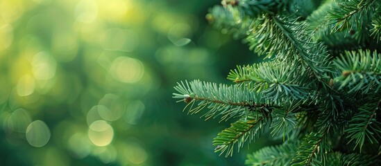 Green fir tree with needles in focus against a summer backdrop Contains a copy space image