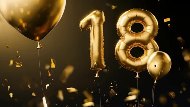 Inflatable foiled golden balloons number 18 on dark background with confetti. 18 years anniversary celebration. Birthday party concept. Video footage