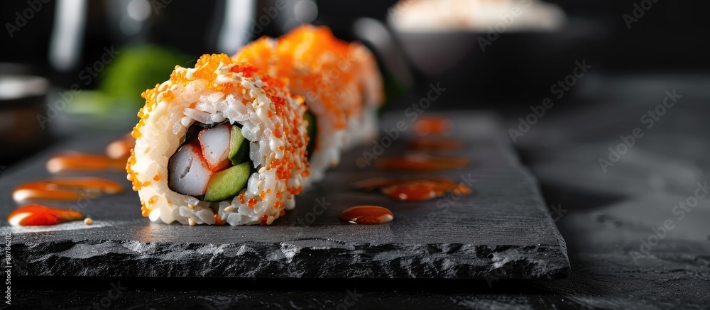 Aufkleber a delicious sushi roll featuring warm breaded salmon eel rice cucumber cream cheese and pepper elega