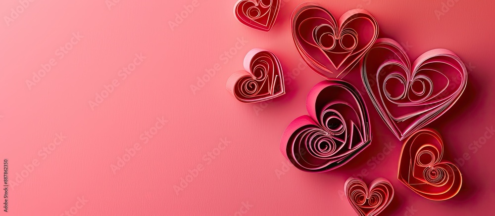 Poster valentine s day festive long banner with paper quilled hearts on a bright pink background and soft l