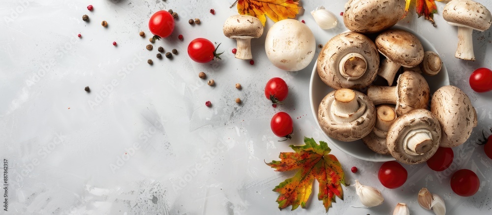 Poster top view of organic autumn vegetables including mushrooms set on a white kitchen background for dinn