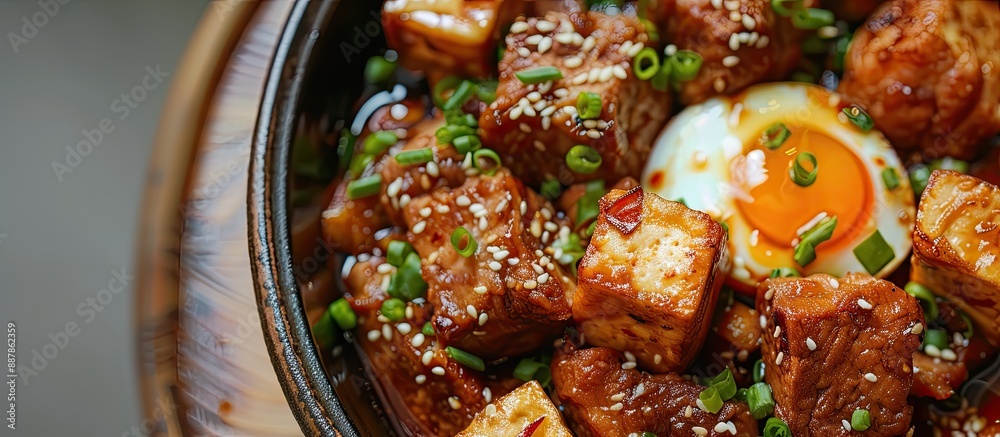 Poster asian cuisine with a close up of egg pork and tofu in sweet brown sauce displayed from a top view id