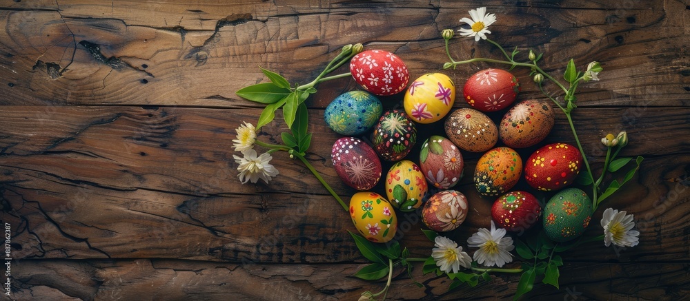 Poster Rustic wooden table displaying a flower shaped arrangement of hand painted organic Easter eggs perfect for a copy space image