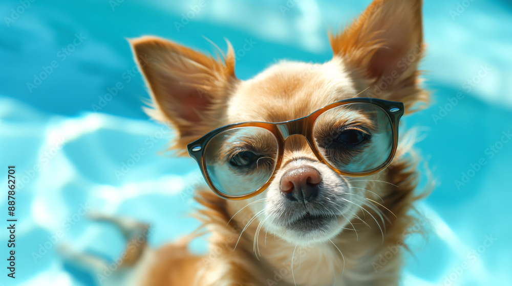 Canvas Prints Close-up of a Chihuahua wearing eyeglasses near a swimming pool on a sunny day.