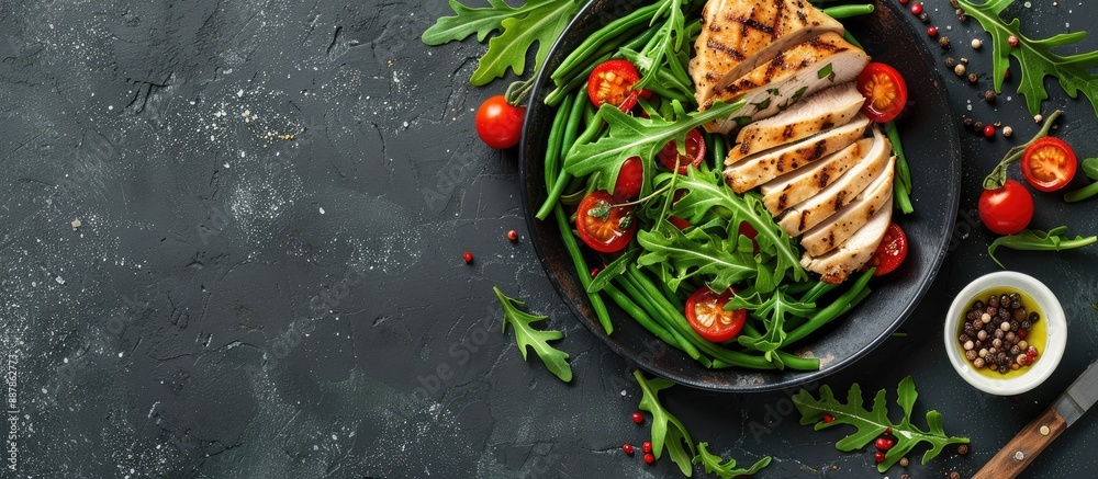Poster healthy lunch featuring chicken green beans arugula tomatoes and vinaigrette on a stone or slate bac