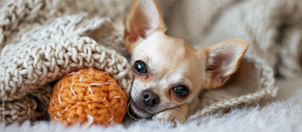 Poster adorable chihuahua pup playing with a toy on a cozy blanket in a charming copy space image featuring