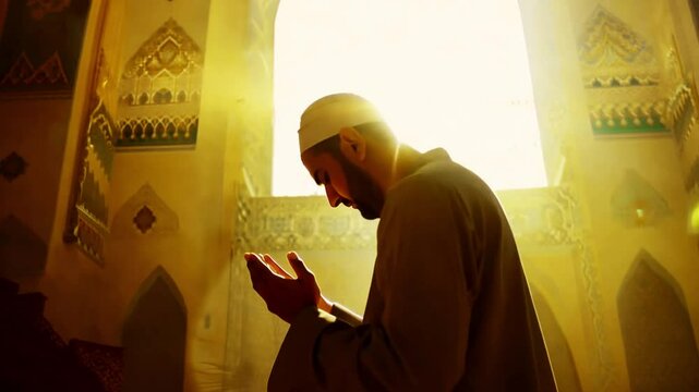 Muslim pray in mosque. Session lift two hand for praying and wearing bead on hand to determine the number of prayer services. Concept for Ramadan, Eid al Fitr, eid ad-ha, meditation, islamic praying 