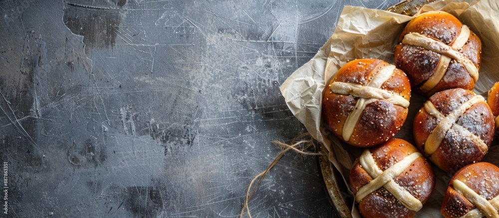 Aufkleber gray textured table showcasing delicious hot cross buns offering a copy space image for text