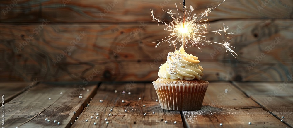 Poster Wooden background with a cupcake topped with a sparkler Ideal for adding text with copy space image