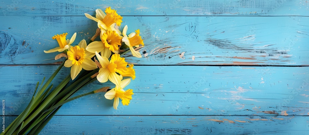 Fototapete Top view of a lovely bouquet of daffodils displayed on a blue wooden surface with ample space for adding text around the image