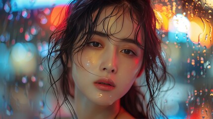 Fototapeta premium Poster of Yang Mi in 2024 Analog film, super detailed, fantastic high-fidelity photography, colors, interiors, shot with Fujifilm XT4, 
