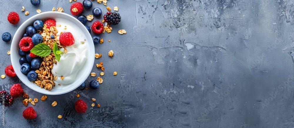 Aufkleber Top view of a healthy breakfast consisting of granola with berries and yogurt on a grey stone background with copy space image available