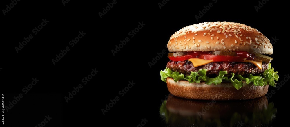 Poster gourmet hamburger displayed on a black background with available copy space image