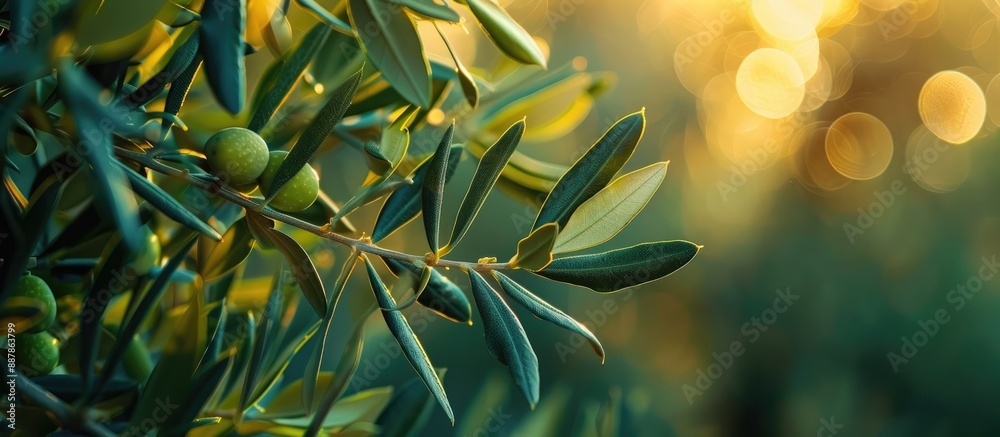 Poster Macro photograph of olive leaves and branches creates a soft focus image Ideal for organic farm restaurant or healthy food blog. with copy space image. Place for adding text or design
