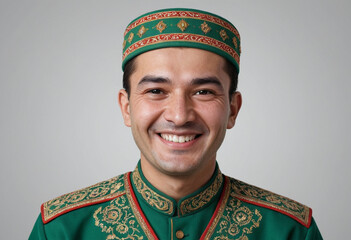 Obraz premium Portrait view of a regular happy smiling Turkmenistan man, ultra realistic, candid, social media, avatar image, plain solid background
