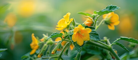 Early summer shows vibrant yellow tomato flowers blooming beautifully perfect for a copy space image