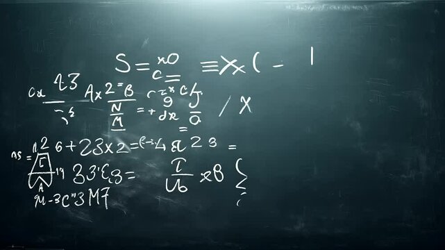 Intricate mathematical equations dynamically appear on a blackboard.