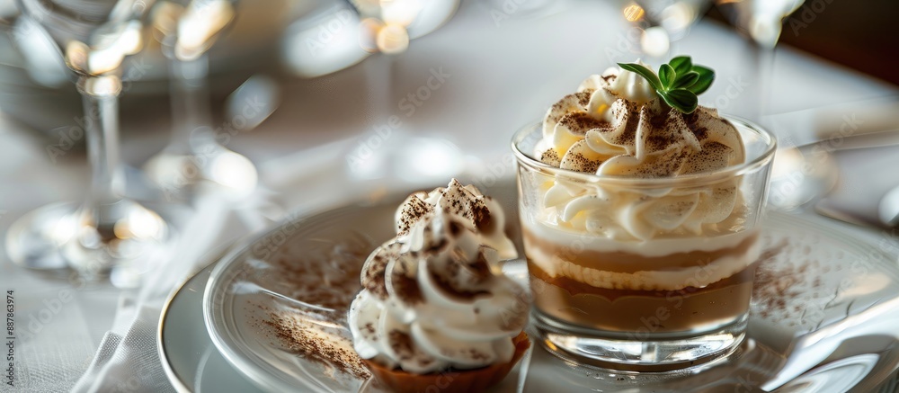 Poster a delectable coffee pudding adorned with whipped cream and passion fruit mousse presented in an eleg