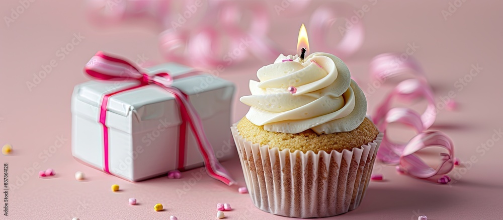 Poster A cupcake topped with a lit candle beside a white gift box against a pink backdrop creating a charming copy space image