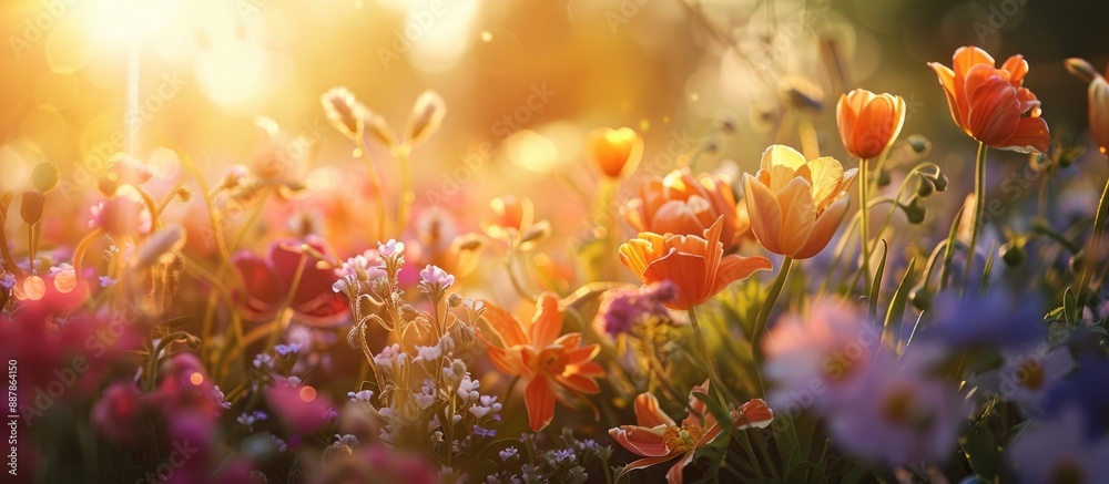 Poster collection of flowers under the warm glow of sunlight creating a picturesque scene with copy space i
