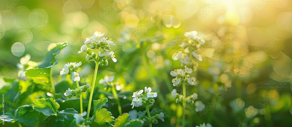 Poster radish buds and blossoms with bunchy white flowers bloom in winter against a blurred green backdrop 