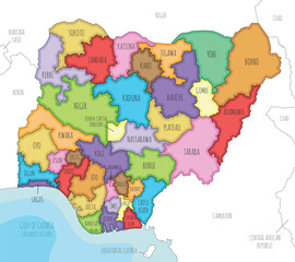 Fototapeta premium Vector illustrated regional map of Nigeria with states and administrative divisions, and neighbouring countries and territories. Editable and clearly labeled layers.