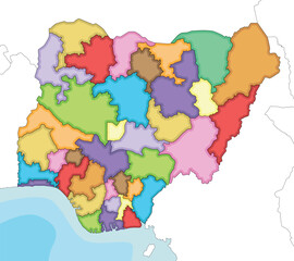 Fototapeta premium Vector illustrated regional blank map of Nigeria with states and administrative divisions, and neighbouring countries and territories. Editable and clearly labeled layers.