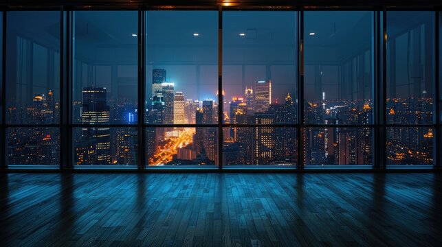 Modern office space with large windows offering a stunning night view of a city's illuminated skyline