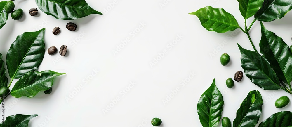 Aufkleber Top view of green coffee leaves and beans on white backdrop with copy space image