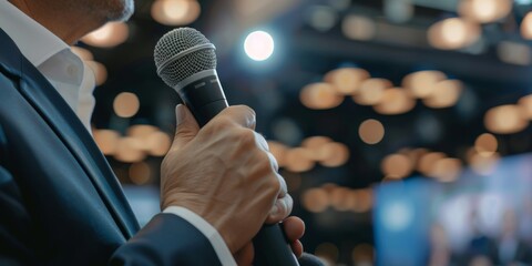 Abstract Conference Center with Medical Conference Speaker Holding Microphone, Perfect for Articles, Marketing Campaigns, and Advertisements, 4K High-Definition Wallpaper