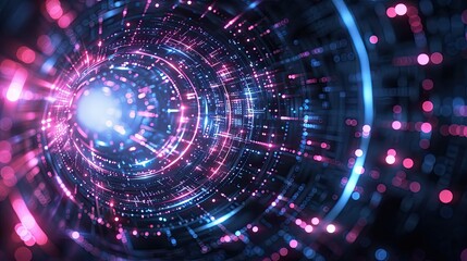 Obraz premium Futuristic light tunnel with vibrant blue and pink neon lights forming a circular pattern, evoking a sense of speed and movement