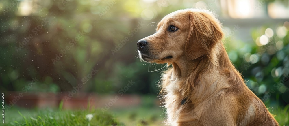 Poster a healthy pet dog is sitting in the house garden gazing at something with a background of nature vis