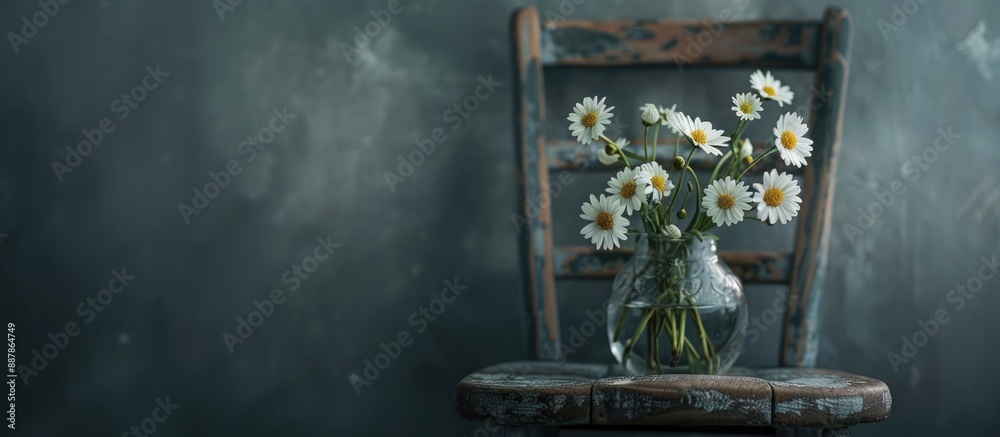 Poster vintage studio photo featuring white daisy flowers in a glass vase on a wooden rustic chair against 