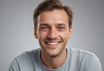 Obraz premium Portrait view of a regular happy smiling Germany man, ultra realistic, candid, social media, avatar image, plain solid background