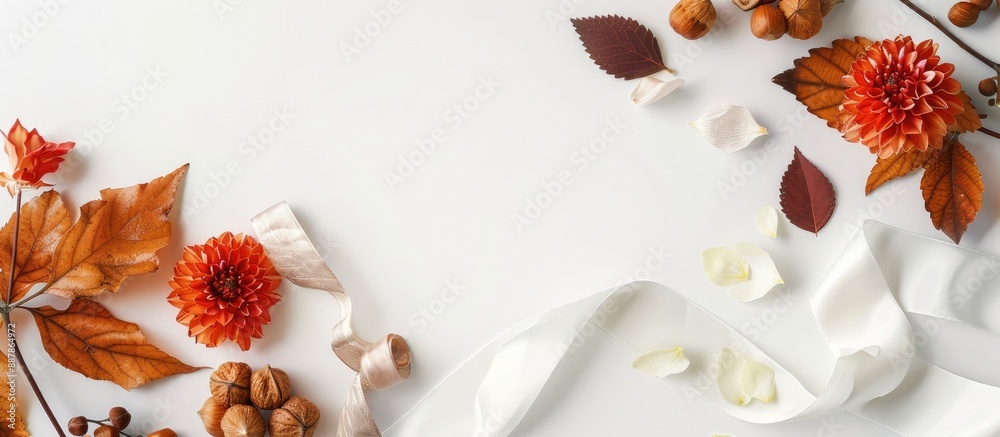 Leinwandbilder autumn themed card mockup featuring leaves flowers a ribbon and nuts on a white background ideal for