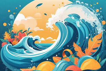 Summer background and banner with water, splash, and waves in abstract vector shape